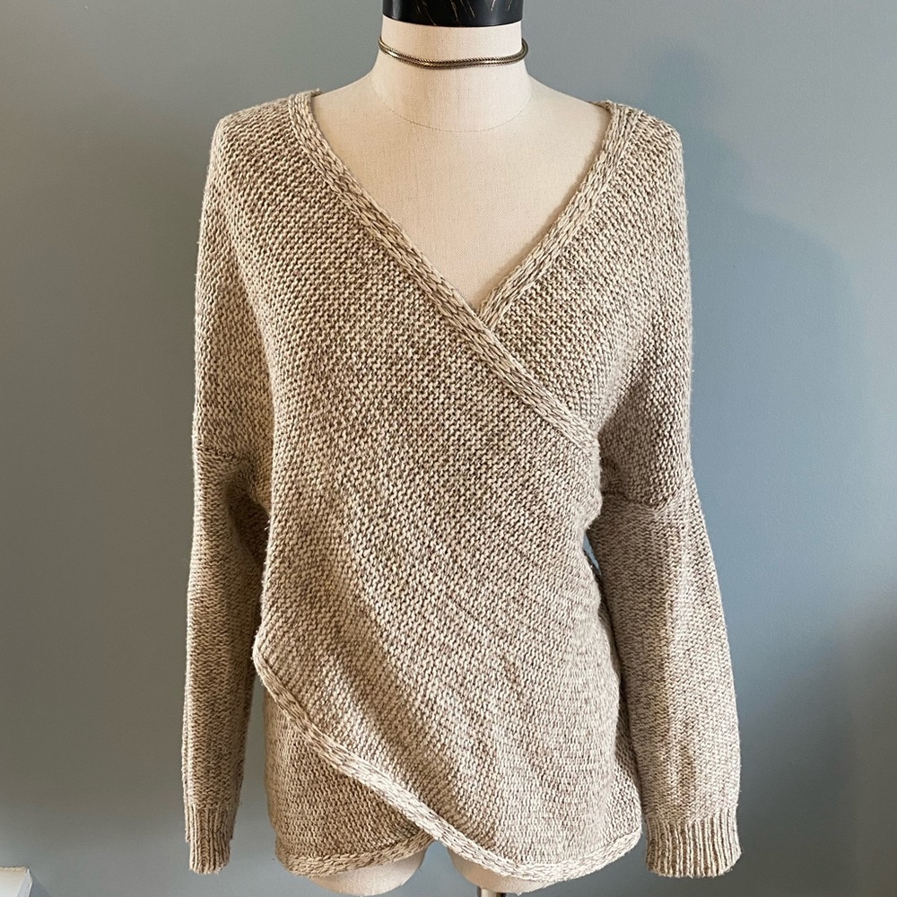 Tan and white wrap sweater